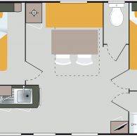 le plan du mobil home riviera avec la répartition des chambres - Camping Les Parcs